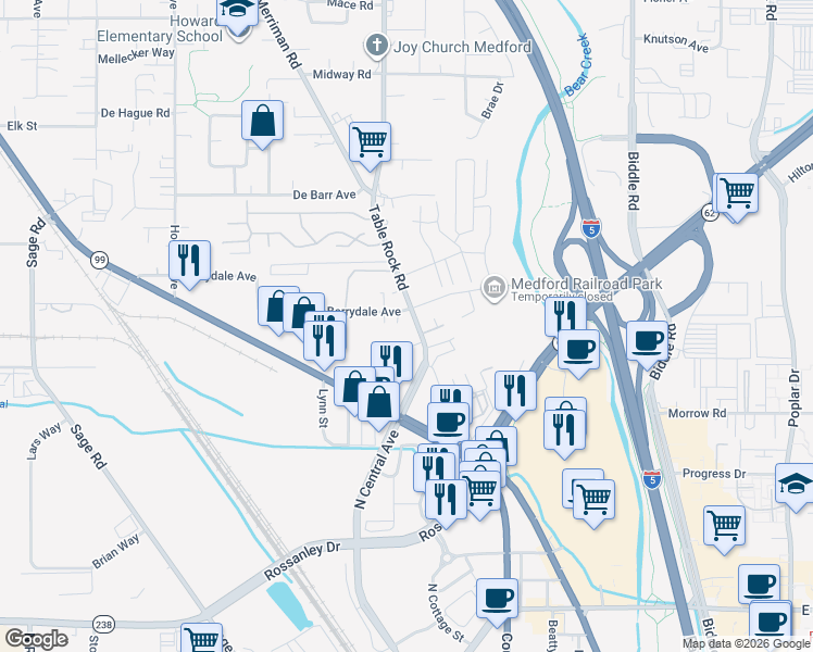 map of restaurants, bars, coffee shops, grocery stores, and more near 632 Berrydale Avenue in Medford