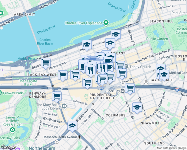 map of restaurants, bars, coffee shops, grocery stores, and more near 754 Boylston Street in Boston