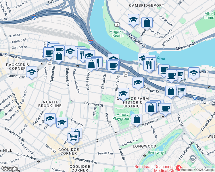 map of restaurants, bars, coffee shops, grocery stores, and more near 15 Egmont Street in Brookline