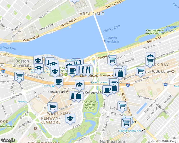 map of restaurants, bars, coffee shops, grocery stores, and more near 483 Commonwealth Avenue in Boston