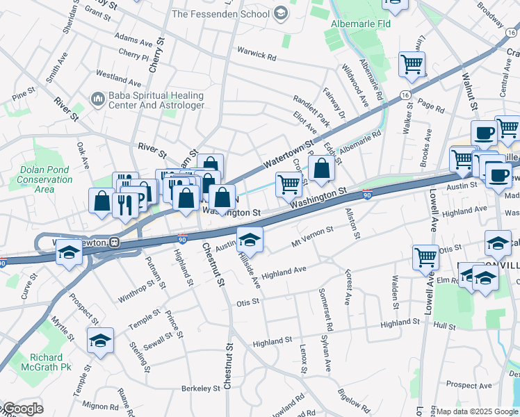 map of restaurants, bars, coffee shops, grocery stores, and more near 1173 Washington Street in Newton