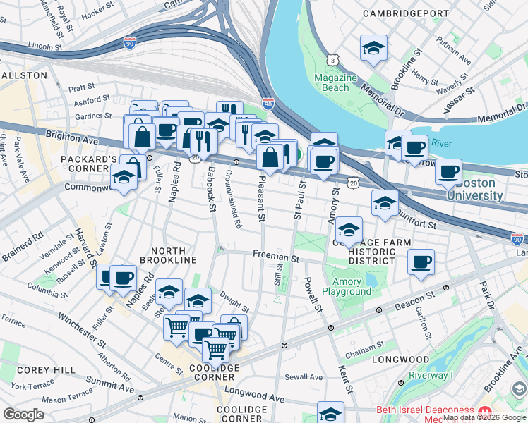 map of restaurants, bars, coffee shops, grocery stores, and more near 76 Egmont Street in Brookline
