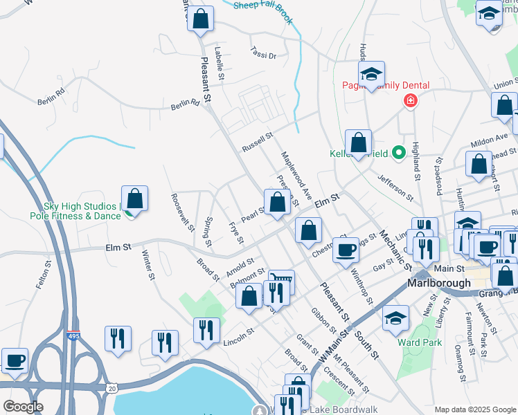 map of restaurants, bars, coffee shops, grocery stores, and more near 15 Pearl Street in Marlborough