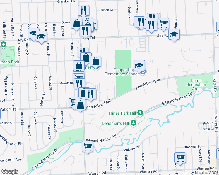 map of restaurants, bars, coffee shops, grocery stores, and more near 28932 Manchester Street in Westland