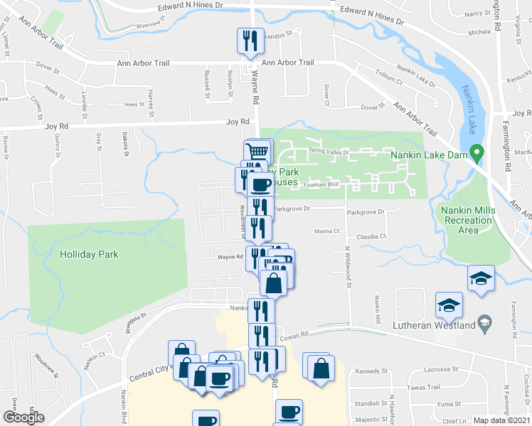 map of restaurants, bars, coffee shops, grocery stores, and more near 8401 North Wayne Road in Westland