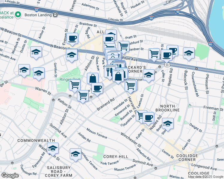 map of restaurants, bars, coffee shops, grocery stores, and more near 1254 Commonwealth Avenue in Boston