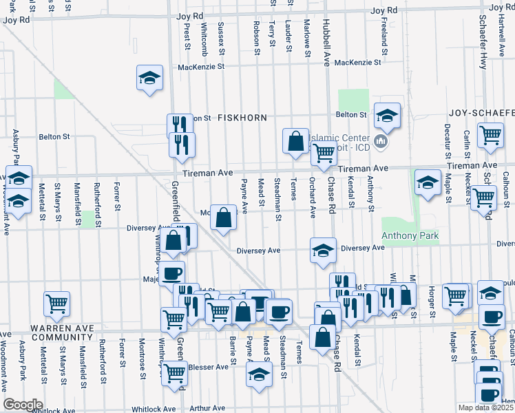 map of restaurants, bars, coffee shops, grocery stores, and more near 7821 Mead Street in Dearborn