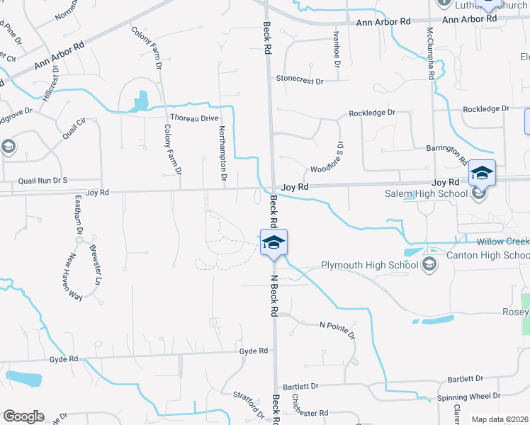 map of restaurants, bars, coffee shops, grocery stores, and more near 47505 Joy Road in Canton