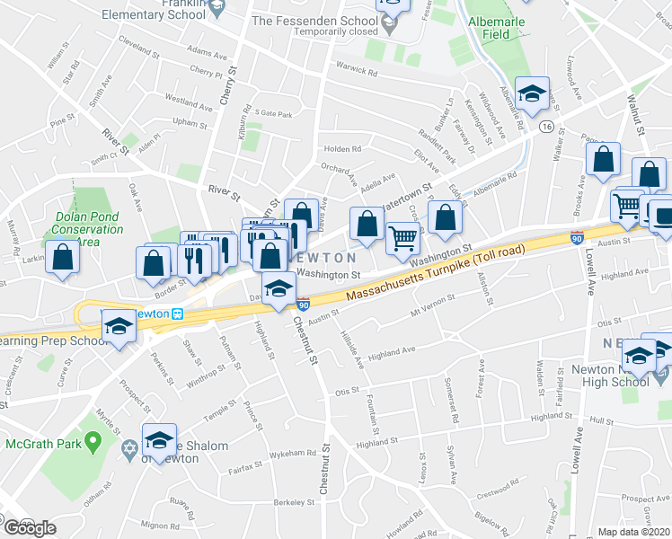 map of restaurants, bars, coffee shops, grocery stores, and more near 1203 Washington Street in Newton