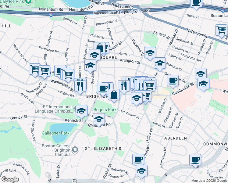 map of restaurants, bars, coffee shops, grocery stores, and more near 57 Malbert Road in Boston