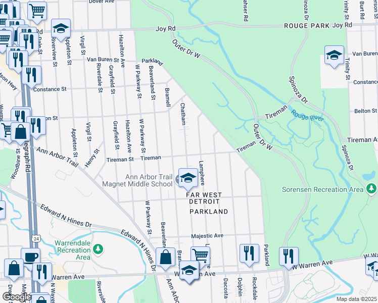 map of restaurants, bars, coffee shops, grocery stores, and more near 22446 Tireman in Detroit