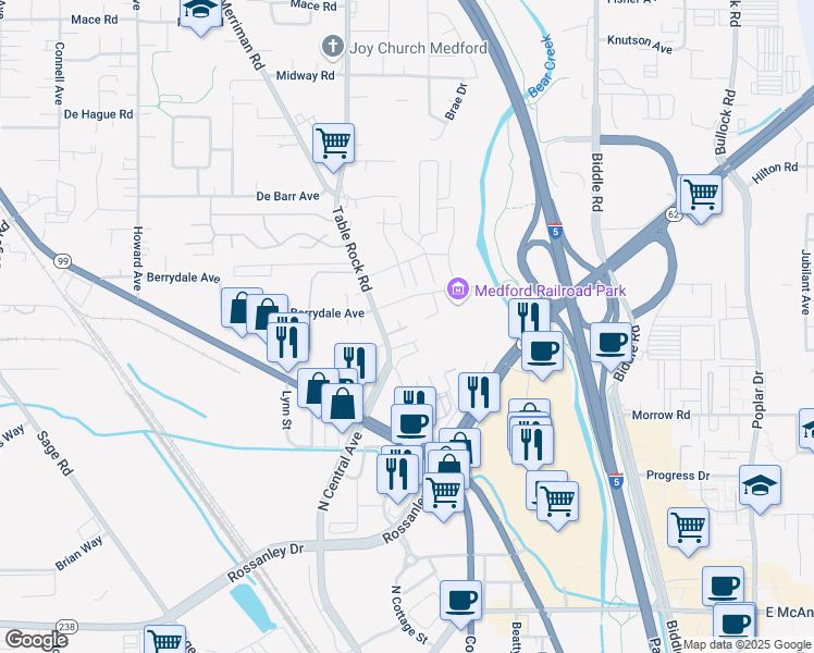 map of restaurants, bars, coffee shops, grocery stores, and more near 2158 Table Rock Road in Medford