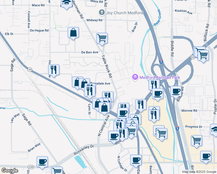 map of restaurants, bars, coffee shops, grocery stores, and more near 632 Berrydale Avenue in Medford