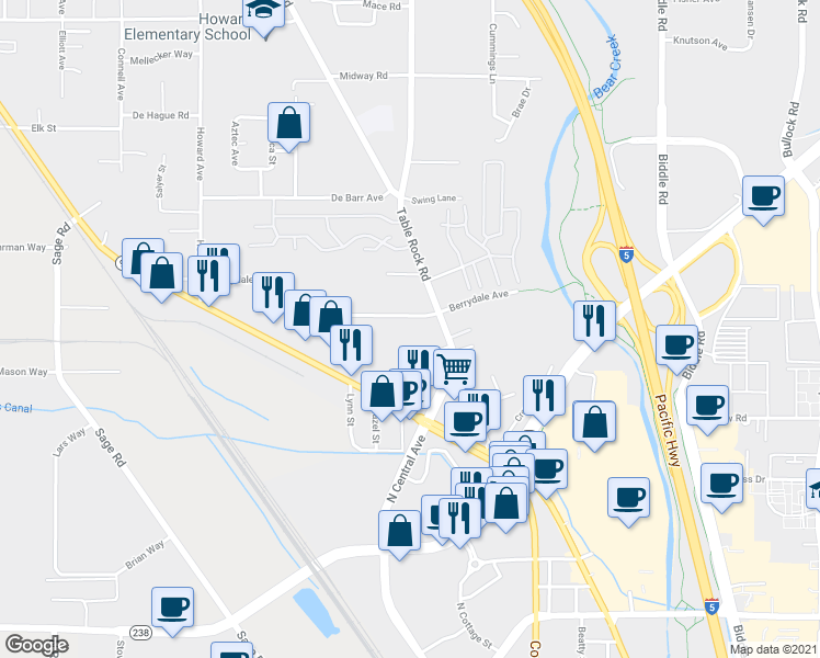 map of restaurants, bars, coffee shops, grocery stores, and more near 610 Berrydale Avenue in Medford