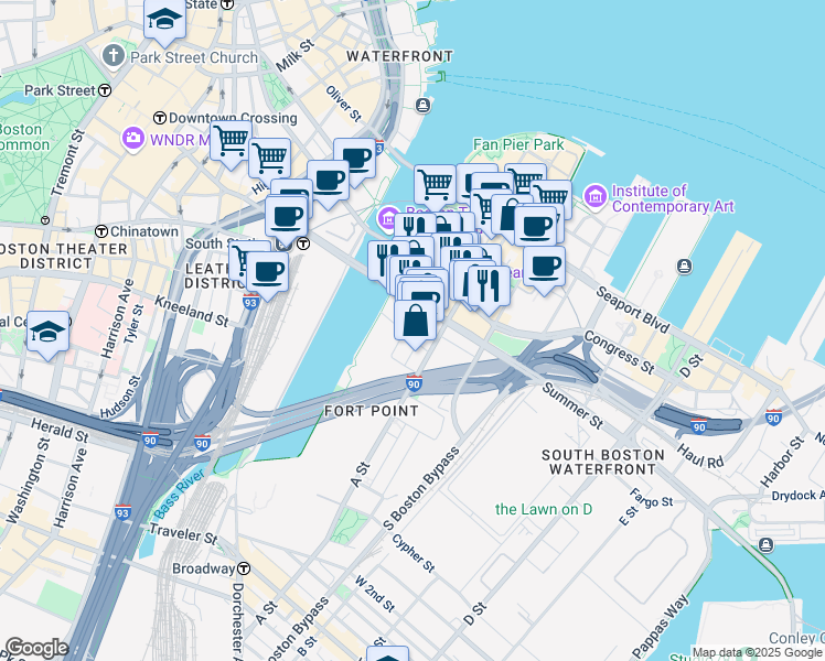 map of restaurants, bars, coffee shops, grocery stores, and more near 15 Necco Street in Boston