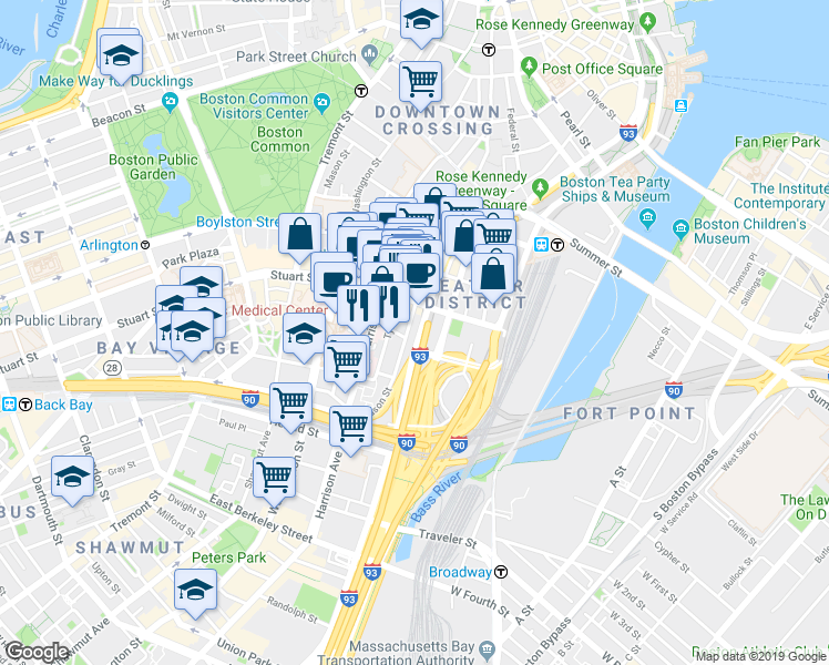 map of restaurants, bars, coffee shops, grocery stores, and more near 1 Hudson Street in Boston