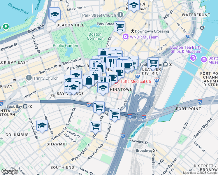 map of restaurants, bars, coffee shops, grocery stores, and more near in Boston