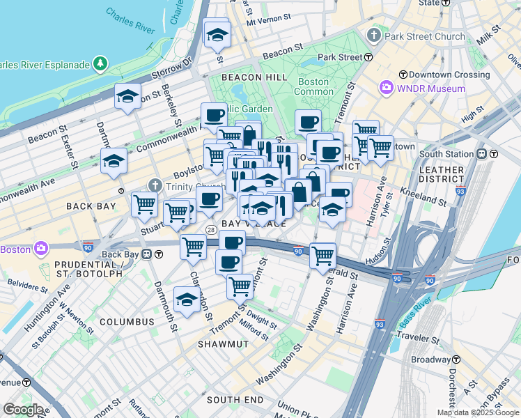 map of restaurants, bars, coffee shops, grocery stores, and more near 34-38 Winchester Street in Boston
