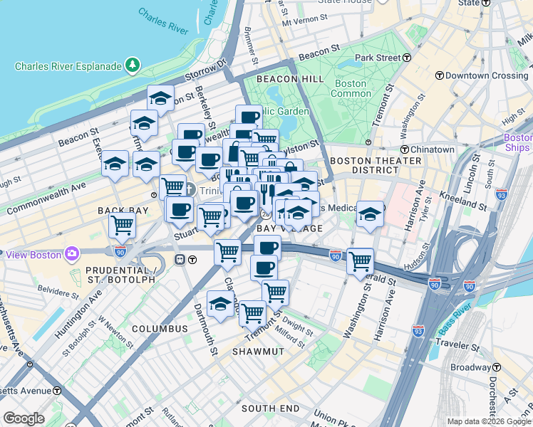 map of restaurants, bars, coffee shops, grocery stores, and more near 155 Columbus Avenue in Boston