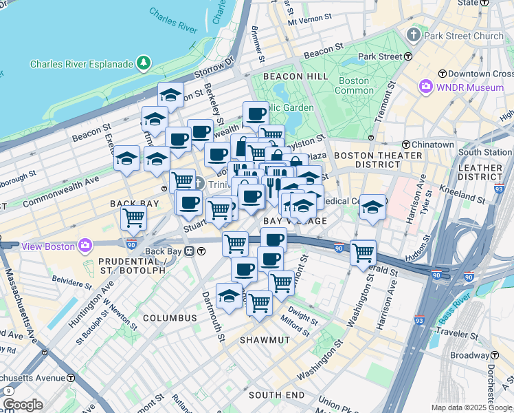 map of restaurants, bars, coffee shops, grocery stores, and more near 155 Columbus Avenue in Boston