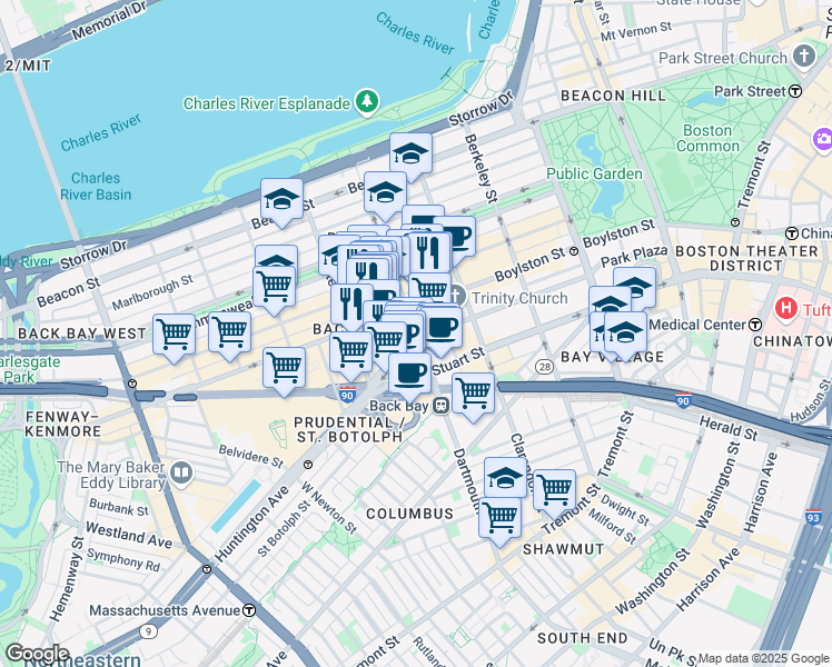 map of restaurants, bars, coffee shops, grocery stores, and more near 560 Boylston Street in Boston