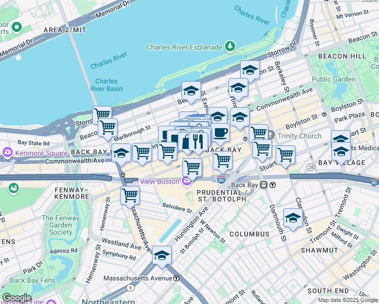 map of restaurants, bars, coffee shops, grocery stores, and more near 240 Newbury Street in Boston