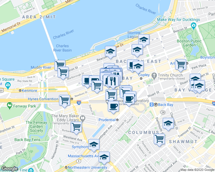 map of restaurants, bars, coffee shops, grocery stores, and more near 219 Newbury Street in Boston