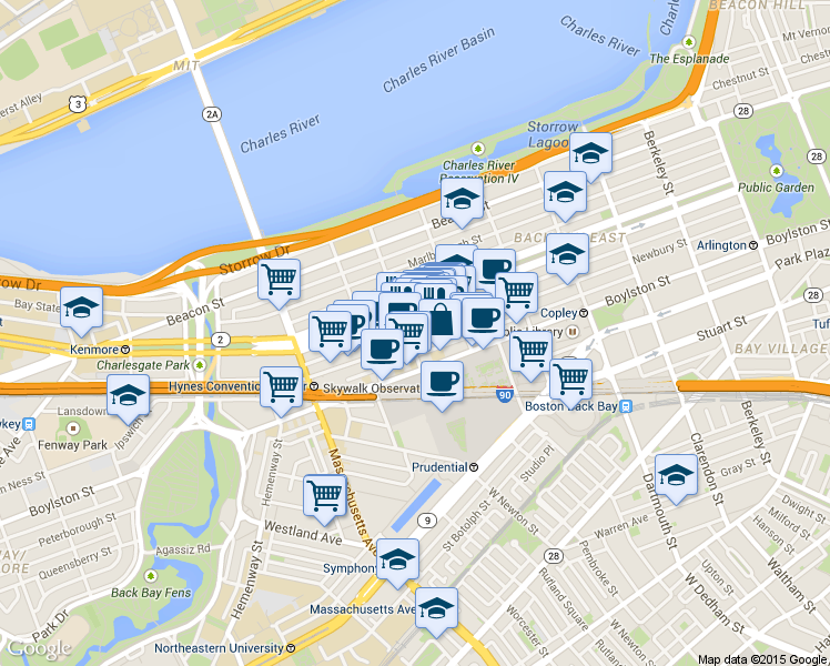 map of restaurants, bars, coffee shops, grocery stores, and more near 267 Newbury Street in Boston