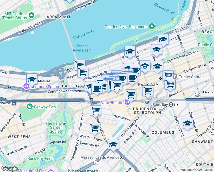 map of restaurants, bars, coffee shops, grocery stores, and more near 296 Commonwealth Avenue in Boston