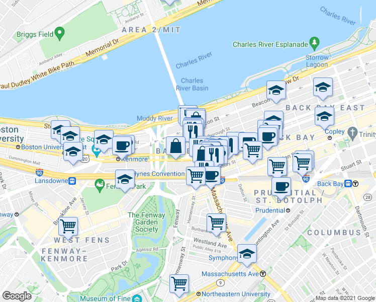 map of restaurants, bars, coffee shops, grocery stores, and more near 377 Commonwealth Avenue in Boston
