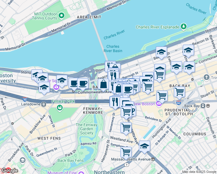 map of restaurants, bars, coffee shops, grocery stores, and more near 377 Commonwealth Avenue in Boston