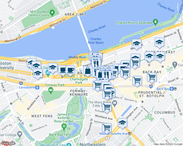 map of restaurants, bars, coffee shops, grocery stores, and more near 377 Commonwealth Avenue in Boston