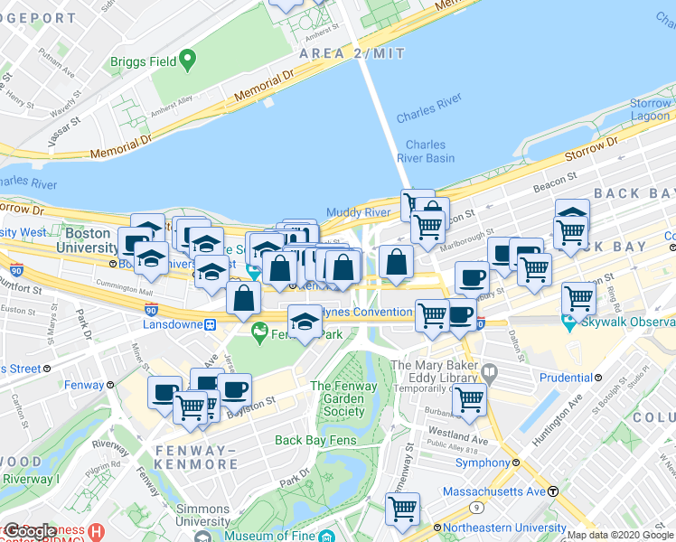map of restaurants, bars, coffee shops, grocery stores, and more near 483 Commonwealth Avenue in Boston