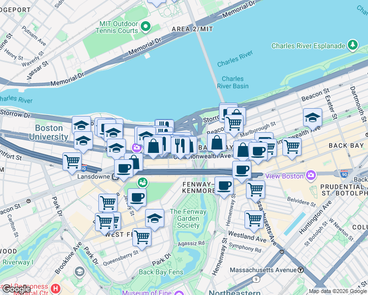 map of restaurants, bars, coffee shops, grocery stores, and more near 483 Commonwealth Avenue in Boston