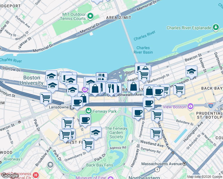 map of restaurants, bars, coffee shops, grocery stores, and more near 483 Commonwealth Avenue in Boston