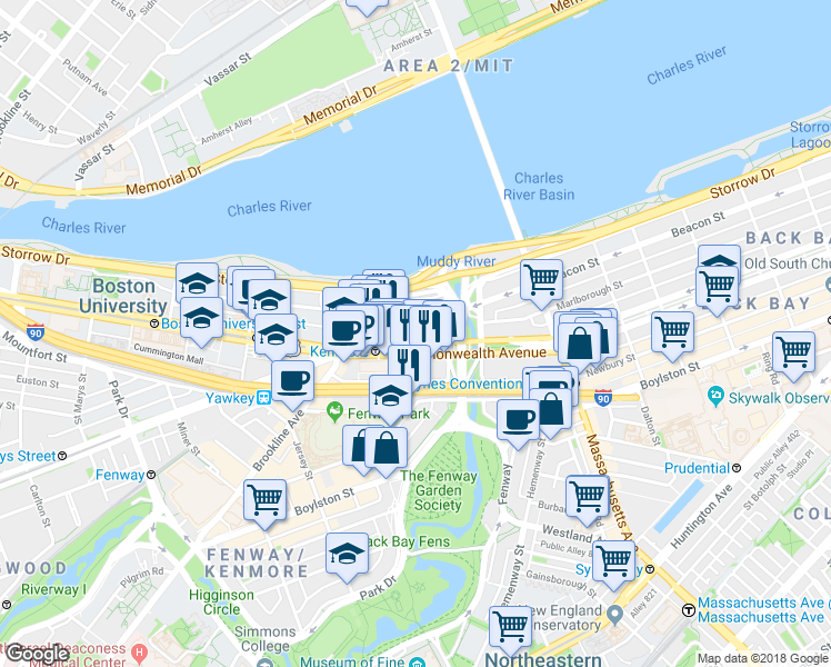 map of restaurants, bars, coffee shops, grocery stores, and more near 483 Commonwealth Avenue in Boston