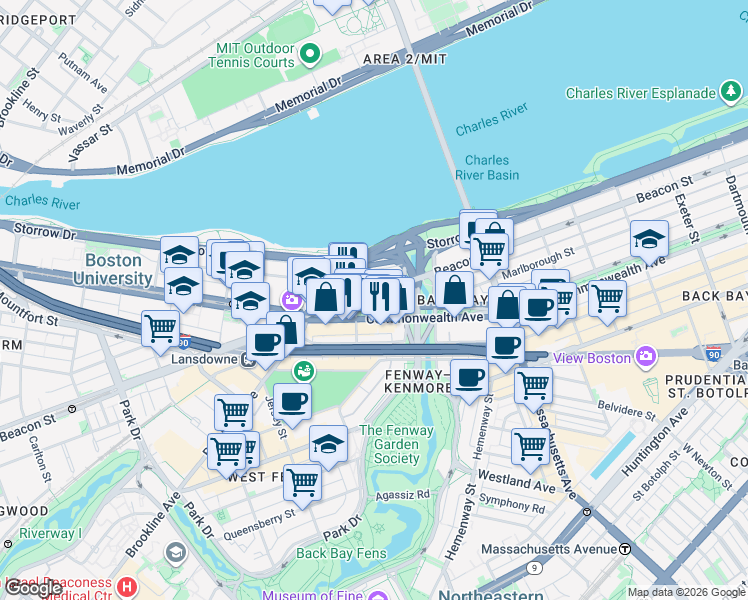 map of restaurants, bars, coffee shops, grocery stores, and more near 483 Commonwealth Avenue in Boston