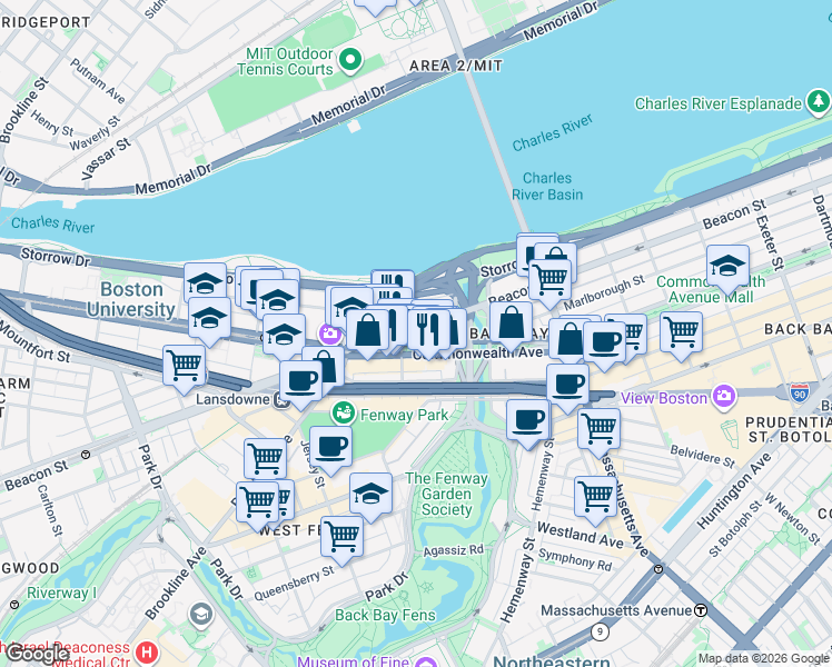 map of restaurants, bars, coffee shops, grocery stores, and more near 483 Commonwealth Avenue in Boston