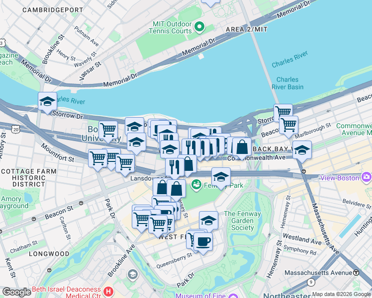 map of restaurants, bars, coffee shops, grocery stores, and more near 585 Commonwealth Avenue in Boston