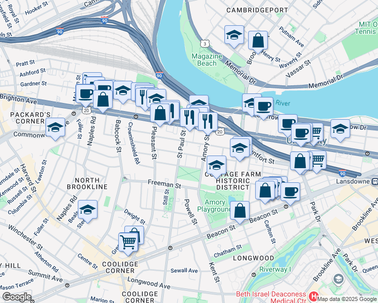 map of restaurants, bars, coffee shops, grocery stores, and more near 15 Egmont Street in Brookline