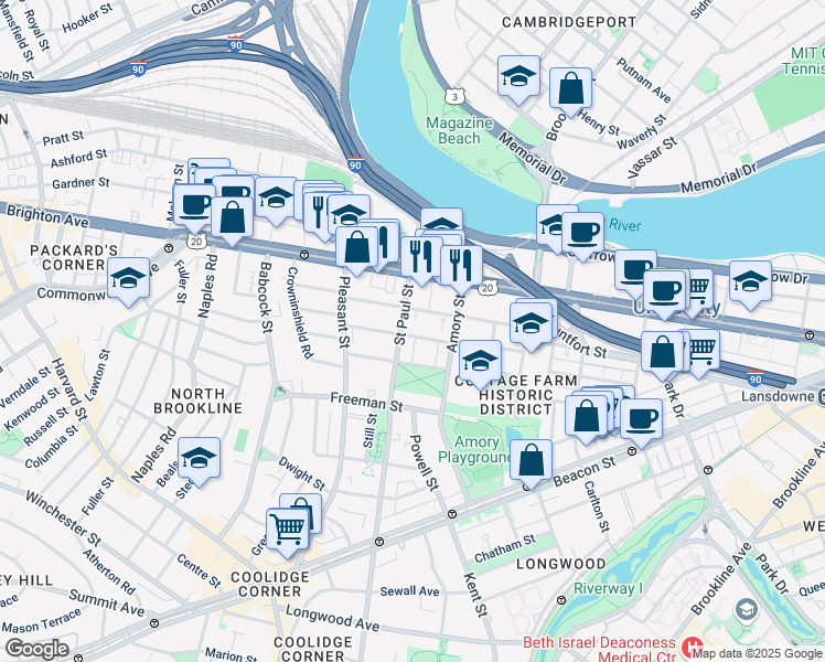 map of restaurants, bars, coffee shops, grocery stores, and more near 15 Egmont Street in Brookline