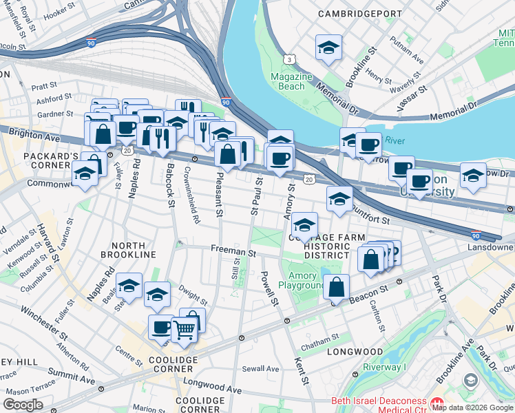map of restaurants, bars, coffee shops, grocery stores, and more near 49 Egmont Street in Brookline