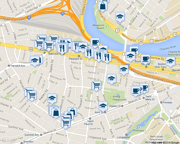 map of restaurants, bars, coffee shops, grocery stores, and more near 49 Egmont Street in Brookline