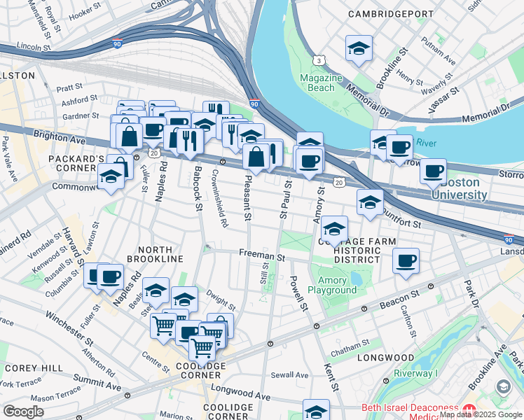 map of restaurants, bars, coffee shops, grocery stores, and more near 76 Egmont Street in Brookline