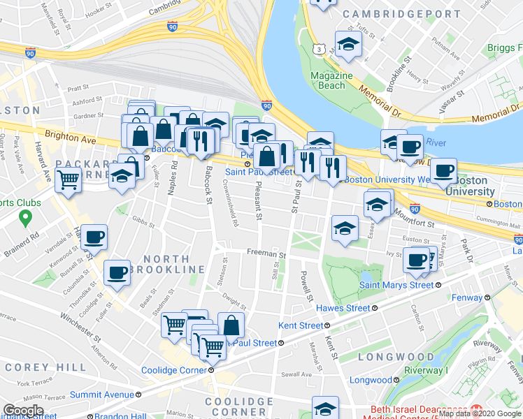 map of restaurants, bars, coffee shops, grocery stores, and more near 76 Egmont Street in Brookline