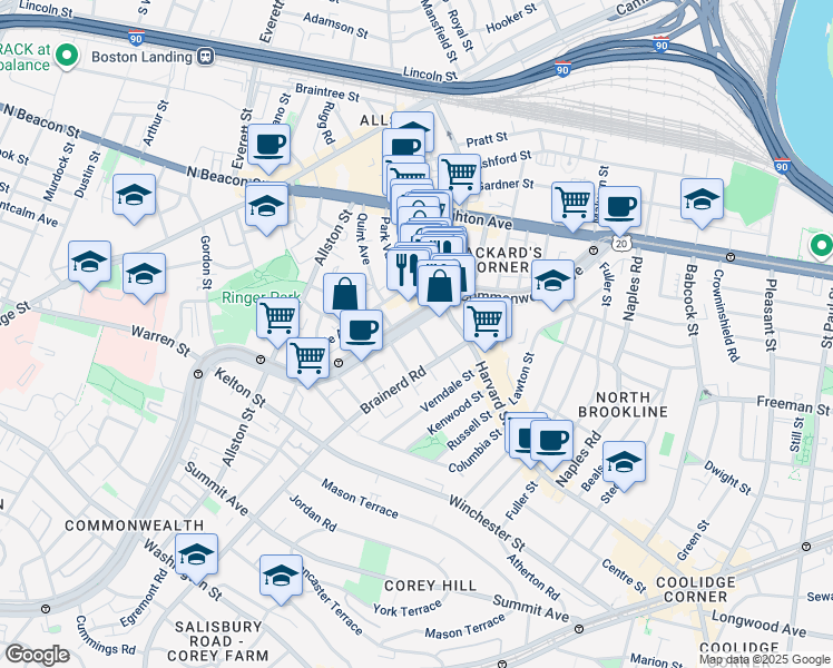 map of restaurants, bars, coffee shops, grocery stores, and more near 1254 Commonwealth Avenue in Boston