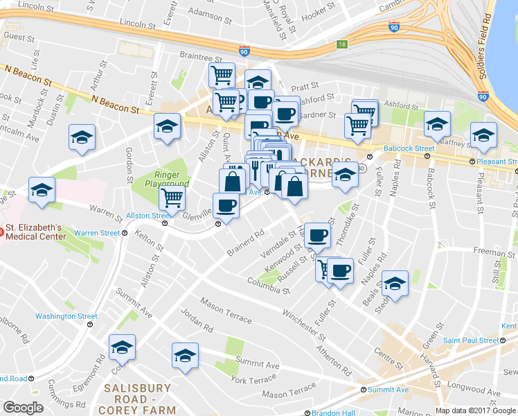 map of restaurants, bars, coffee shops, grocery stores, and more near 1254 Commonwealth Avenue in Boston