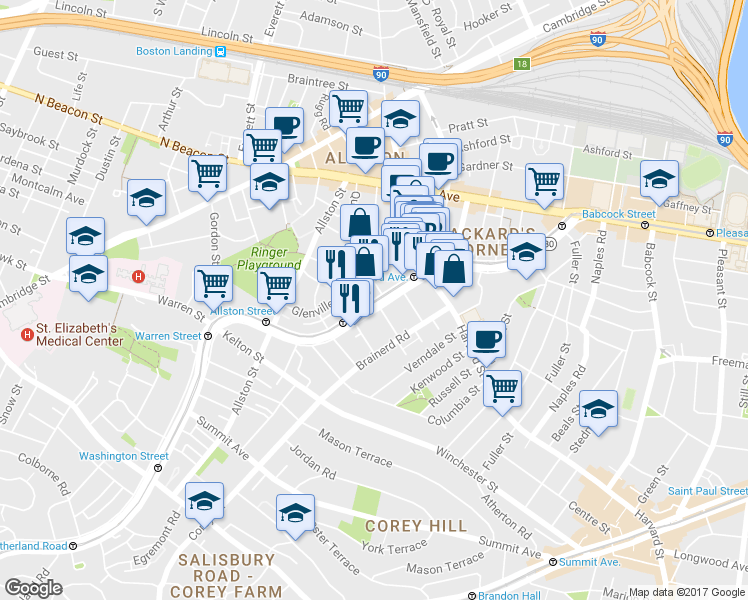 map of restaurants, bars, coffee shops, grocery stores, and more near 1277 Commonwealth Avenue in Boston