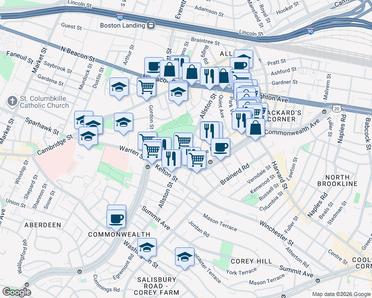map of restaurants, bars, coffee shops, grocery stores, and more near 139 Glenville Avenue in Boston