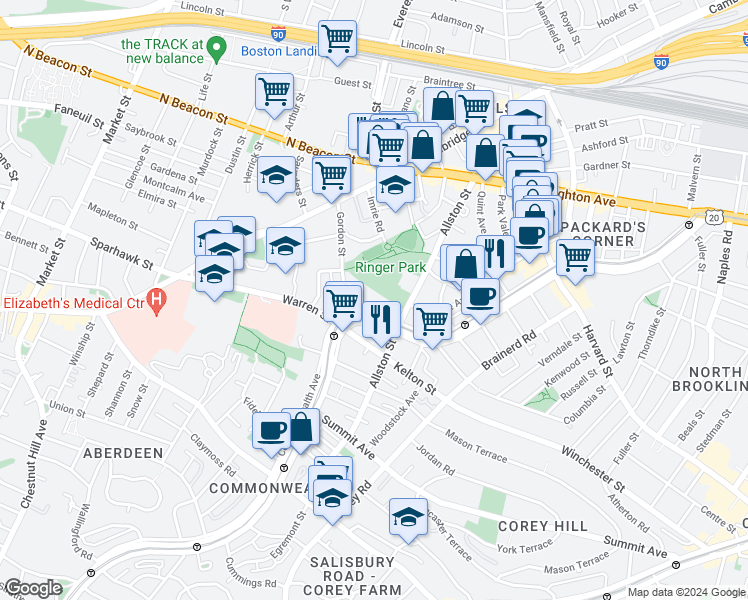 map of restaurants, bars, coffee shops, grocery stores, and more near 1411 Commonwealth Avenue in Boston